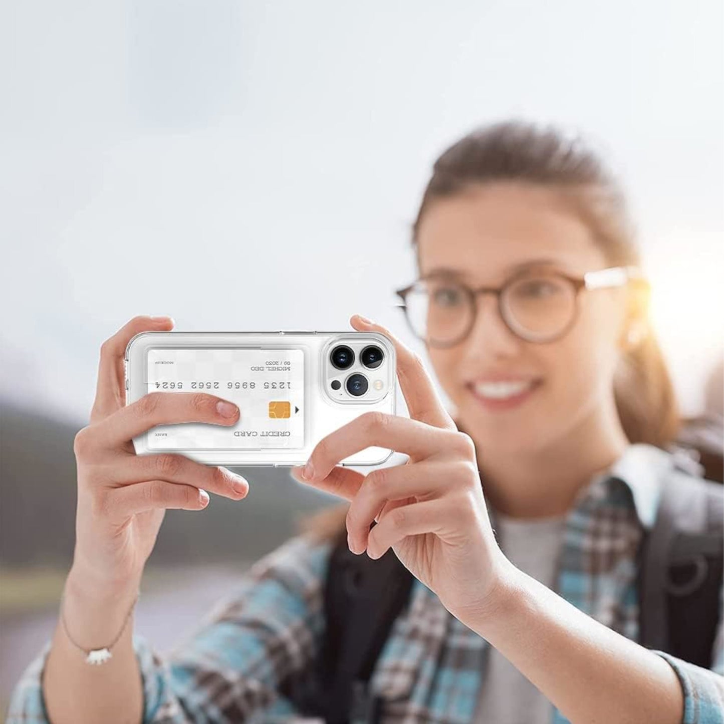 For Apple iPhone 15 Pro (6.1") Wallet Rubber Acrylic TPU with Credit Card ID Slot Holder Design Slim Fit Shockproof Clear Phone Case Cover