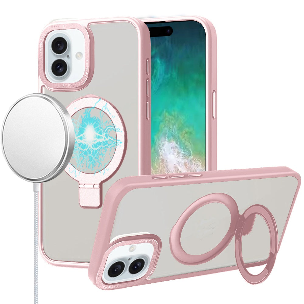 For Apple iPhone 16 Plus (6.7") Magnetic Metal Matte Built-in Compatible with MagSafe Stand Hybrid Shock Armor TPU Case Cover Pink