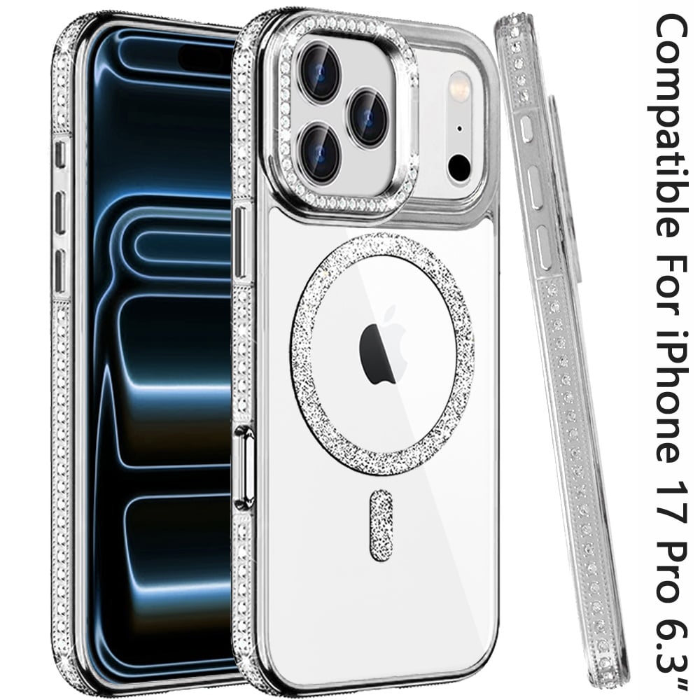 Phone Case for Apple iPhone 17 Pro Luxury Diamond Bling Edged Magnetic Glitter Shockproof Hybrid with Camera Kickstand Durable Grip Cover