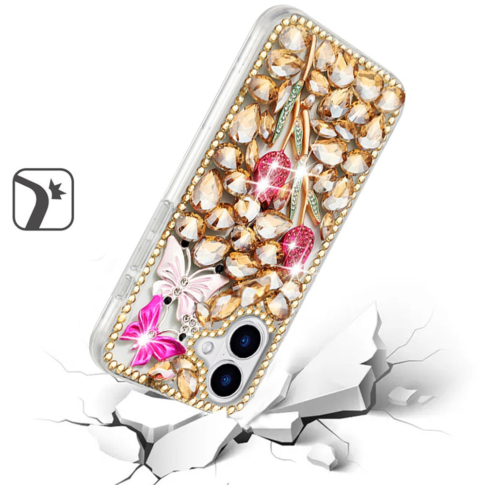 For iPhone 16 (6.1") Bling Crystal 3D Full Diamonds Luxury Sparkle Rhinestone Hybrid Protective Case Cover Gold Exquisite Garden