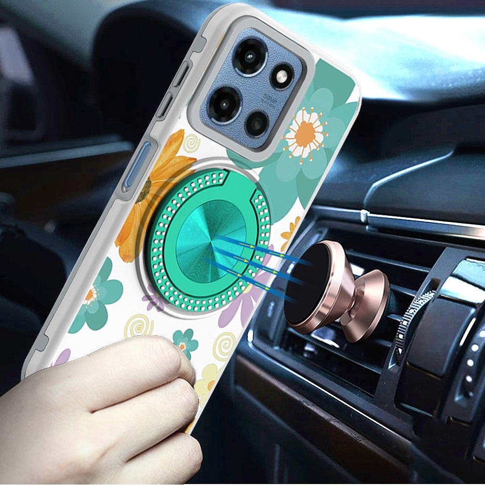 For Motorola Moto G Play 5G 2026 Pattern Design Hybrid with Invisible Ring Stand & Magnetic Back, Shockproof Protective Grip Case Cover