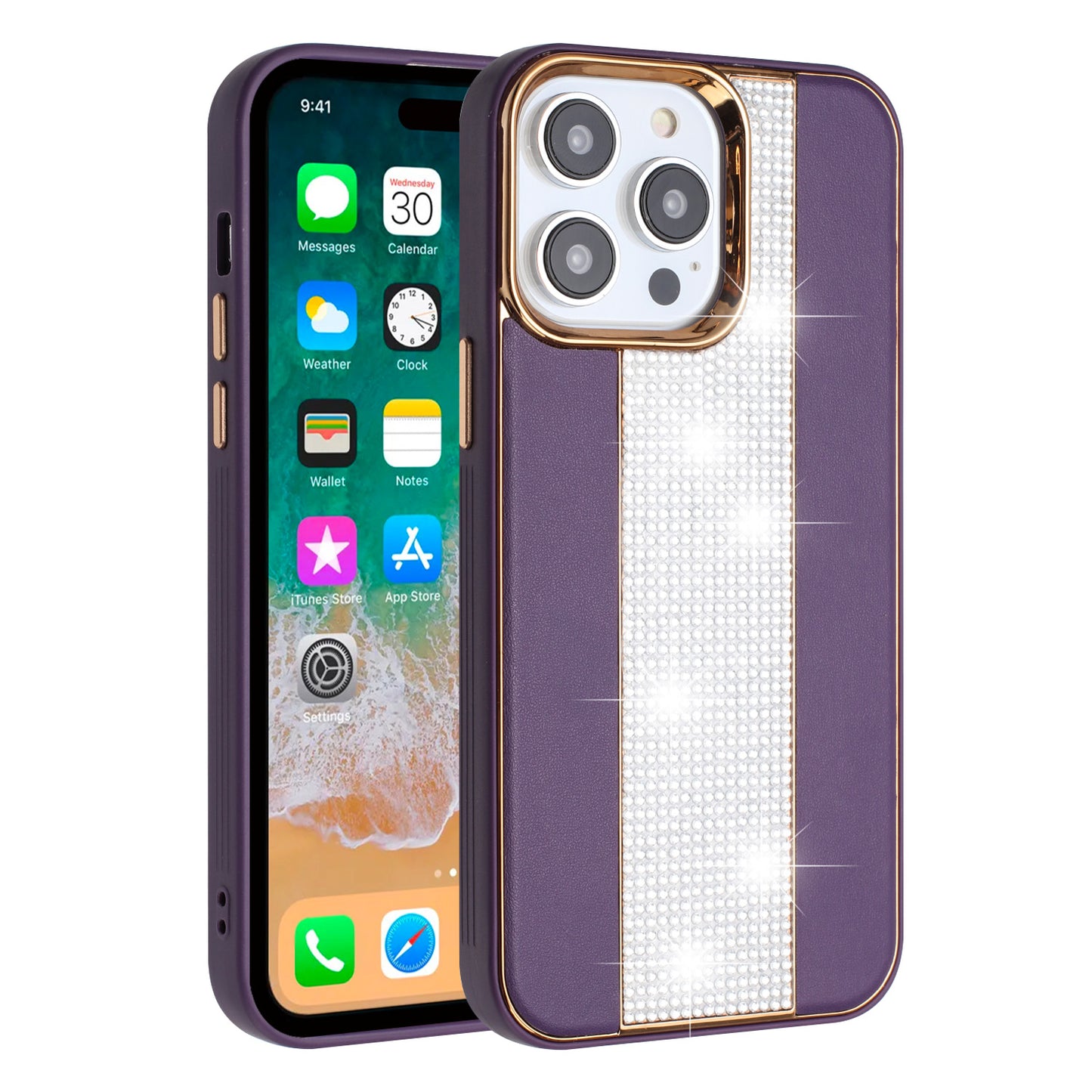 For iPhone 15 Pro (6.1") Flashy Diamond Leather Hybrid Shockproof Protection Chrome Camera Edge Grip Slim Durable Case Cover Blue