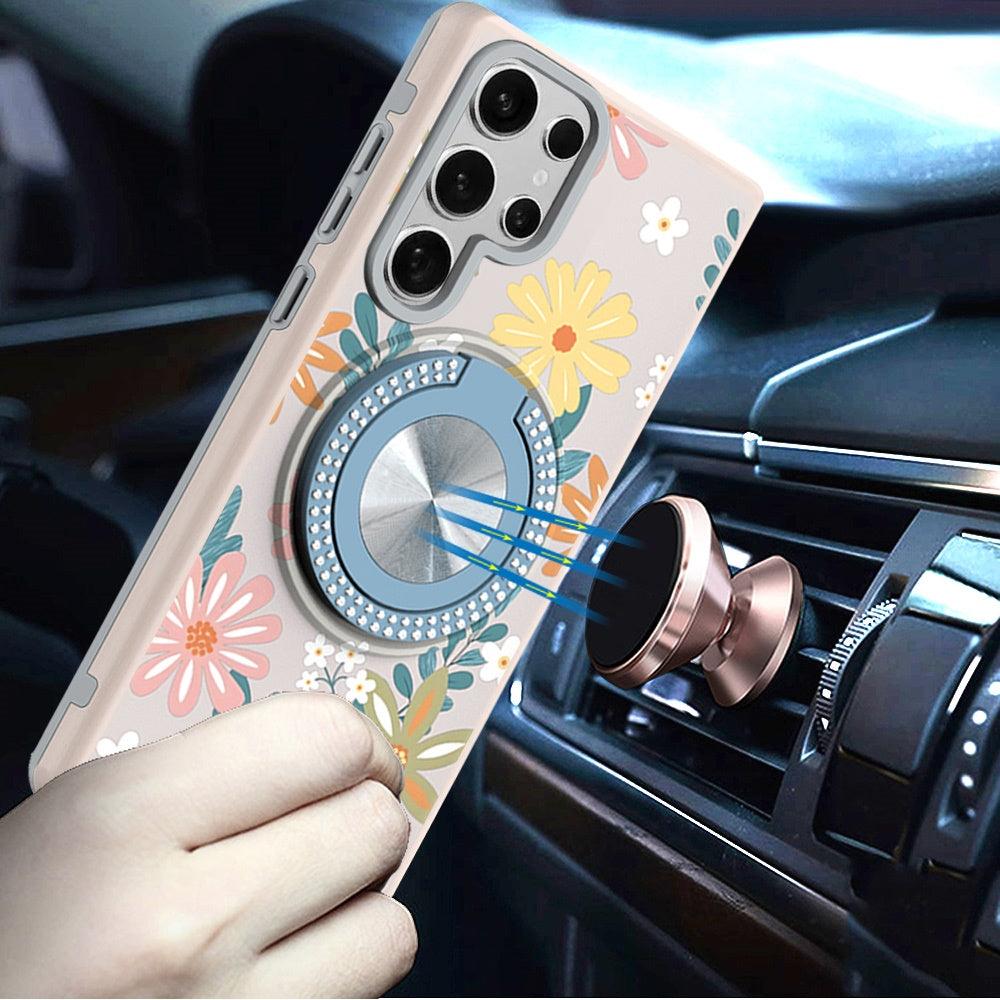 For Samsung Galaxy A16 Pattern Design Hybrid with Invisible Ring Stand & Magnetic Back, Shockproof Protective Grip Case Cover Summer Blossom Flowers