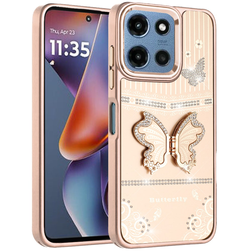 For Motorola Moto G 5G 2026/2025 Glitter 3D Butterfly Design Bling Metallic Edge Hybrid Stand Drop Protection TPU Shockproof Case Cover Cosmic Orange