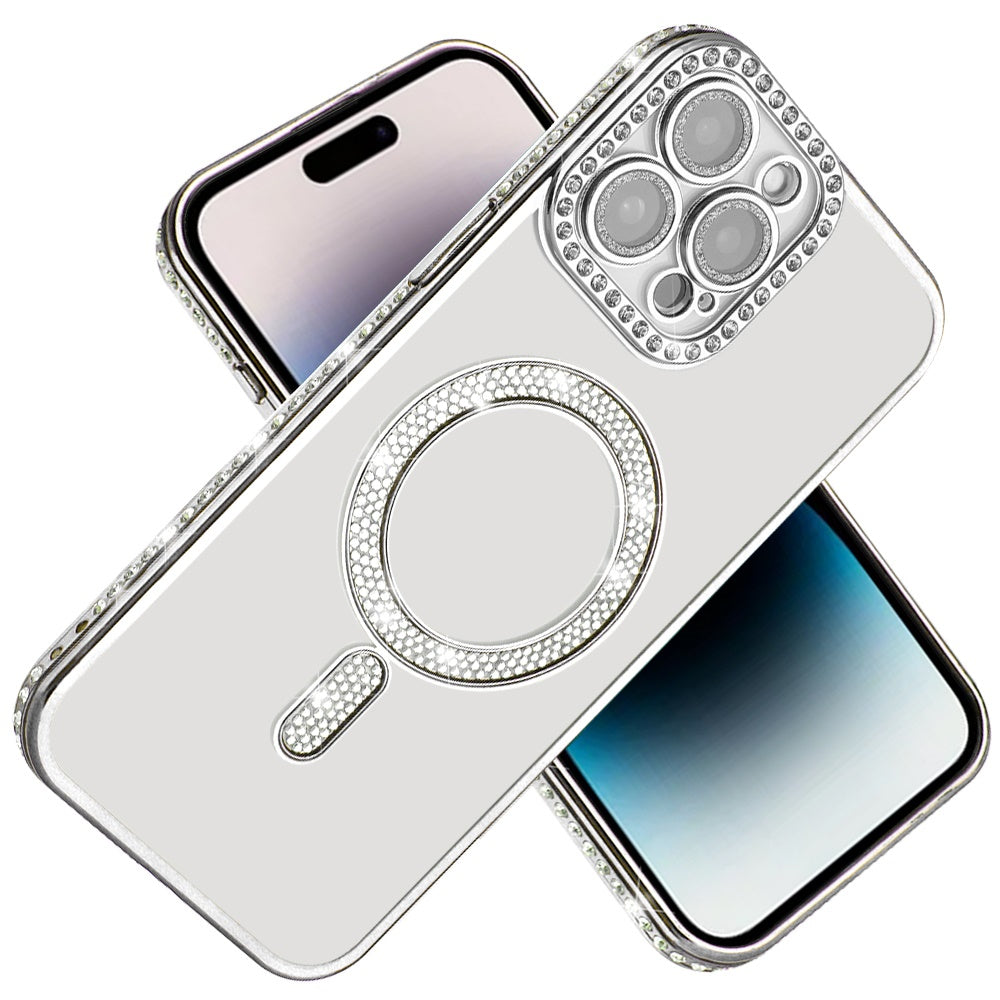 For Apple iPhone 15 Pro Max Bling Case with Diamond Magnetic Circle, Transparent Slim Shockproof Hybrid Slim Fit Case Cover