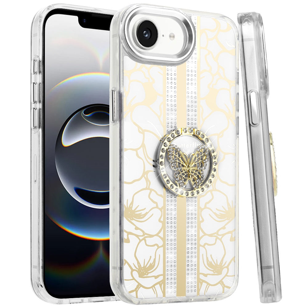 For Apple iPhone 16e Diamonds 3D Butterfly Floral Design Bling Sparkly Glitter Hybrid Metal Fashion with Ring Stand Case Cover