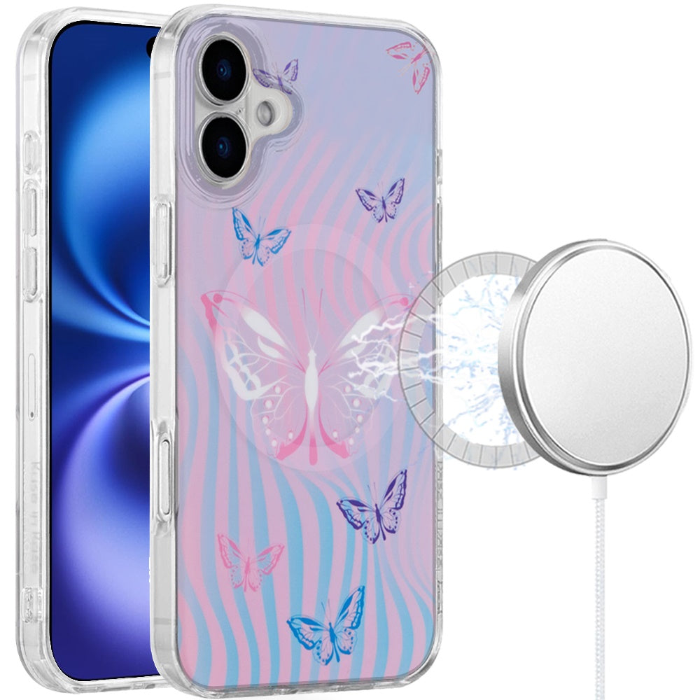 For Apple iPhone 17 Stylish Pattern Fashion IMD Printed Design TPU Double Layer Slim Shockproof with Magnetic Back Case Cover Pink Butterfly