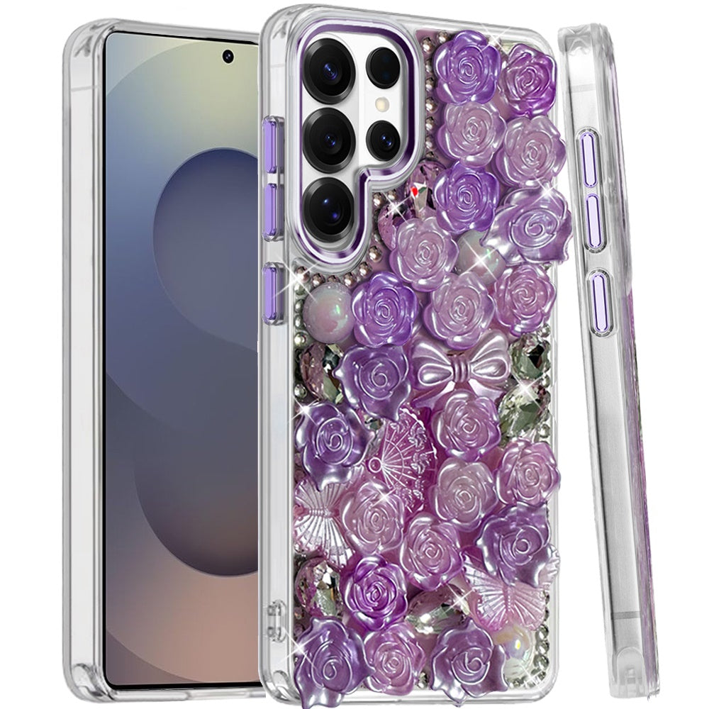 For Samsung Galaxy S25 Ultra Muti-Color Floral Fashion Bling Crystal 3D Full Diamonds Stones Sparkle Rhinestone Glitter Hybrid Case Cover
