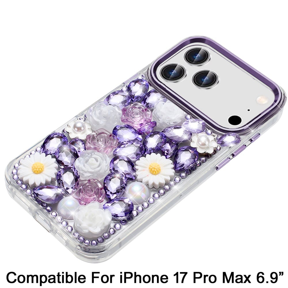 For Apple iPhone 17 Pro Max (6.9") Fashion Daisy Floral Series, Full 3D Bling Crystal Diamonds Sparkling Rhinestone Glitter Hybrid Design Case Cover