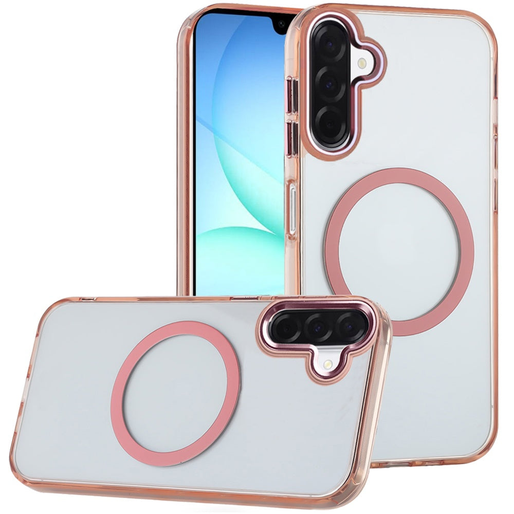 For Samsung Galaxy A17 5G Transparent Back Hybrid Case - Magnetic Circle, Color Frame, Metal Buttons, MagSafe Compatible Case Cover Cosmic Orange