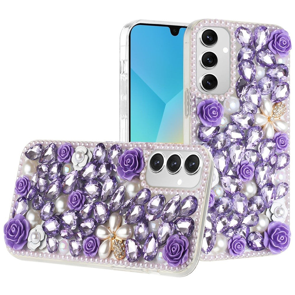 For Apple iPhone 17E /16E Fashion Rose Flower Floral, 3D Bling Crystal Full Diamonds Pearl Sparkle Rhinestone Glitter Hybrid Case Cover Purple