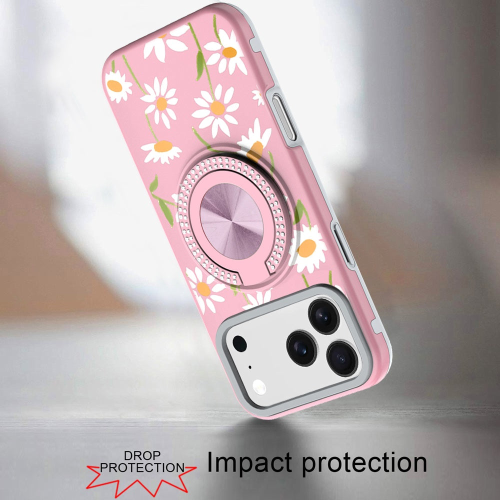 For Apple iPhone 17 (6.3") Pattern Design Hybrid with Invisible Ring Stand & Magnetic Back, Shockproof Protective Grip Case Cover Pink Daisy Flower