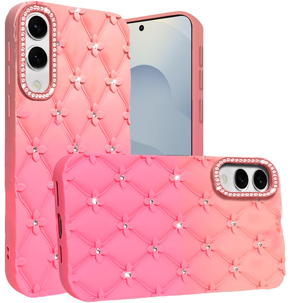 For Samsung Galaxy S25 Edge Fashion Flower Design Sparkle Glitter Shimmer Rhinestone Bling Floral Accents, Leather Texture TPU Case Cover
