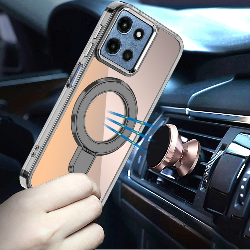 For Motorola Moto G 5G 2026/2025 Chrome Hybrid with Rotating Magnetic Circle Ring Stand, Slim Shockproof Hybrid Case Cover Cosmic Orange