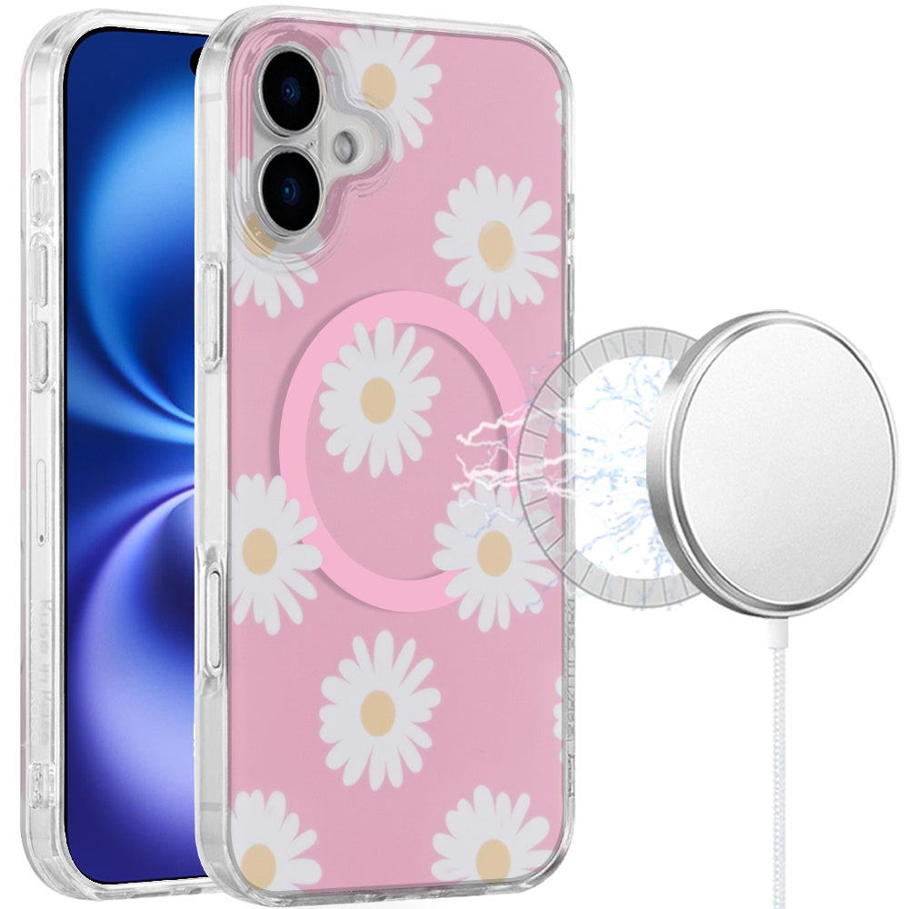 For Apple iPhone 17 Stylish Pattern Fashion IMD Printed Design TPU Double Layer Slim Shockproof with Magnetic Back Case Cover Daisy Aster Flower