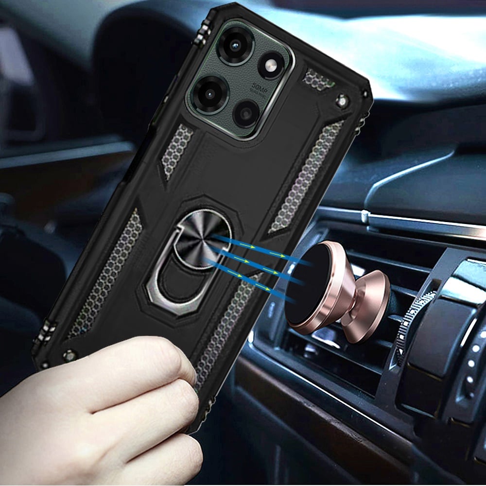 For Motorola Edge 2024 Hybrid Shockproof Durable 360 Degree Rotatable Ring Stand Holder Kickstand Fit Magnetic Car Mount Case Cover Black