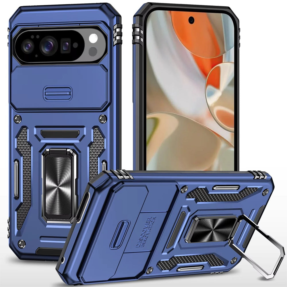For Google Pixel 10 Pro XL Tough Hybrid Case with Movable Camera Window & Metal Ring Stand Shockproof Case Cover