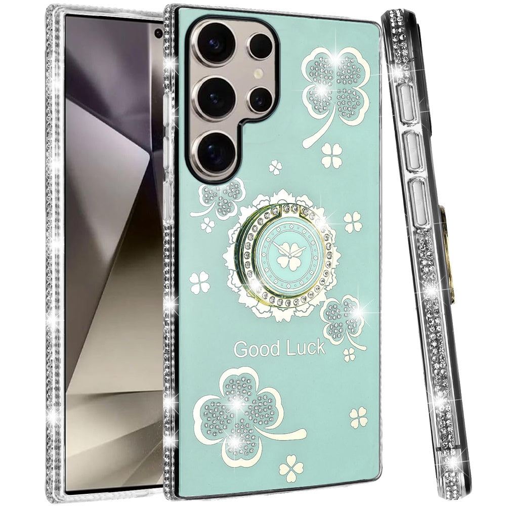For Samsung Galaxy S25 Ultra Diamonds Bling All Around Edges Sparkly Glitter Hybrid with Ring Stand Holder Fashion Good Luck Case Cover