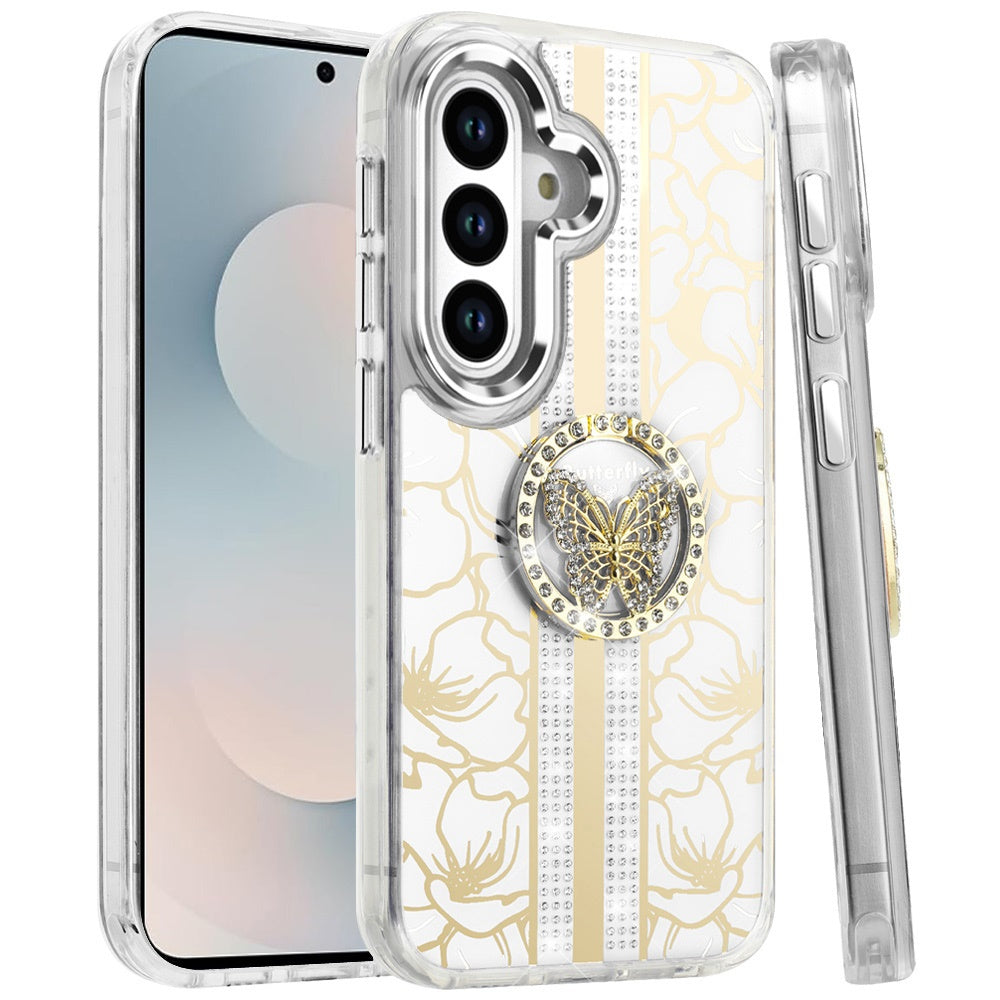 For Samsung Galaxy S26 Diamonds 3D Butterfly Floral Design Bling Sparkly Glitter Hybrid Metal Fashion with Ring Stand Case Cover