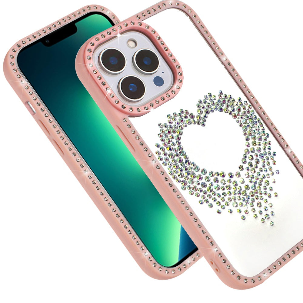 For Apple iPhone 13 Pro Max Angel Hearts Glitter Shimmer Diamond Edge Hybrid Drop Protection Shockproof Design Case Cover Beige