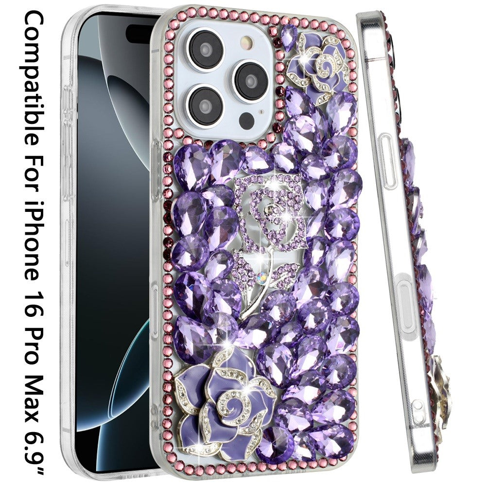 For Apple iPhone 16 Pro Max (6.9") Bling Crystal 3D Full Diamonds Luxury Sparkle Rhinestone Hybrid Protective Case Cover