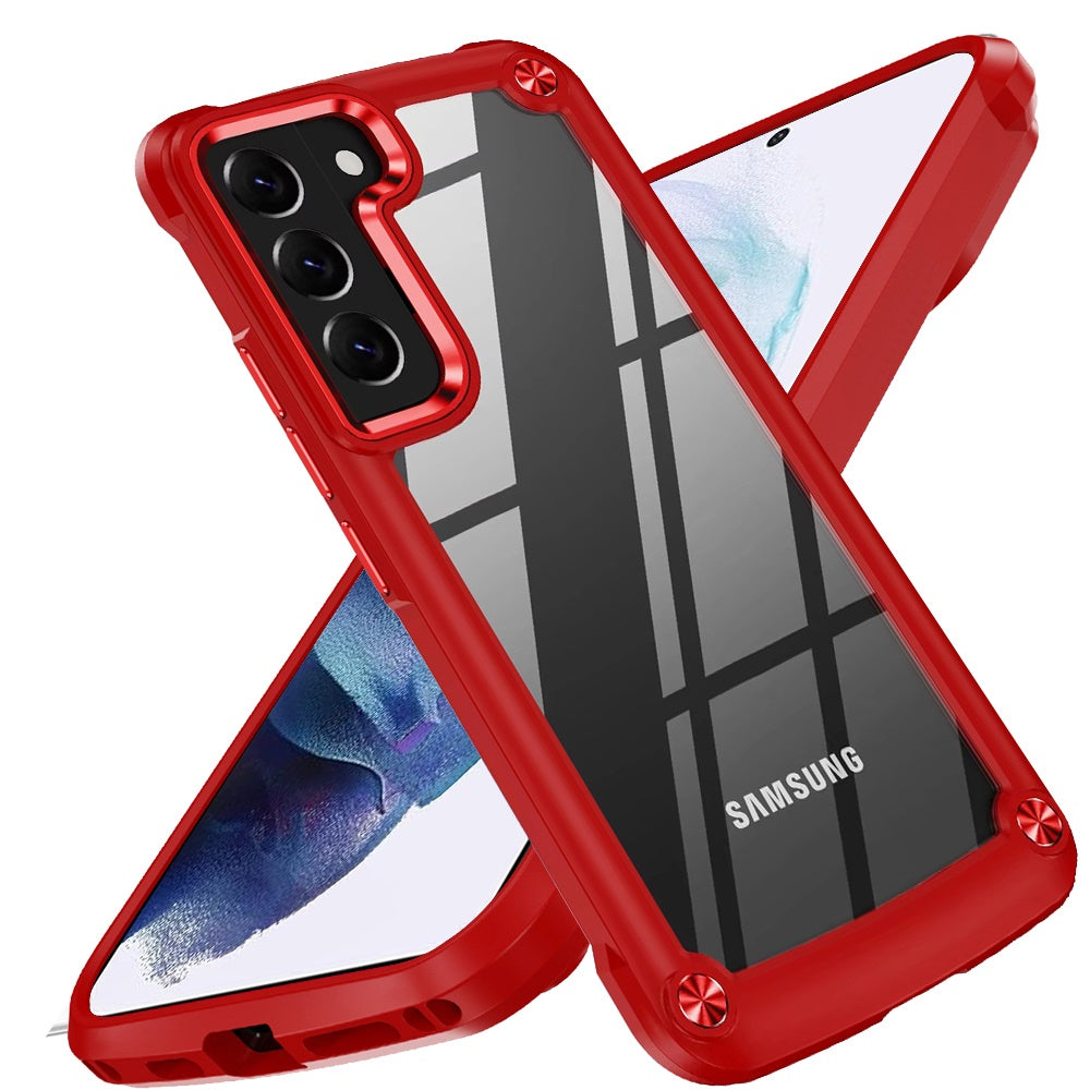 For Samsung Galaxy S21 Hybrid Transparent Rubber with Metal Buttons & Camera Edges Hard TPU Corner Frame Bumper Case Cover