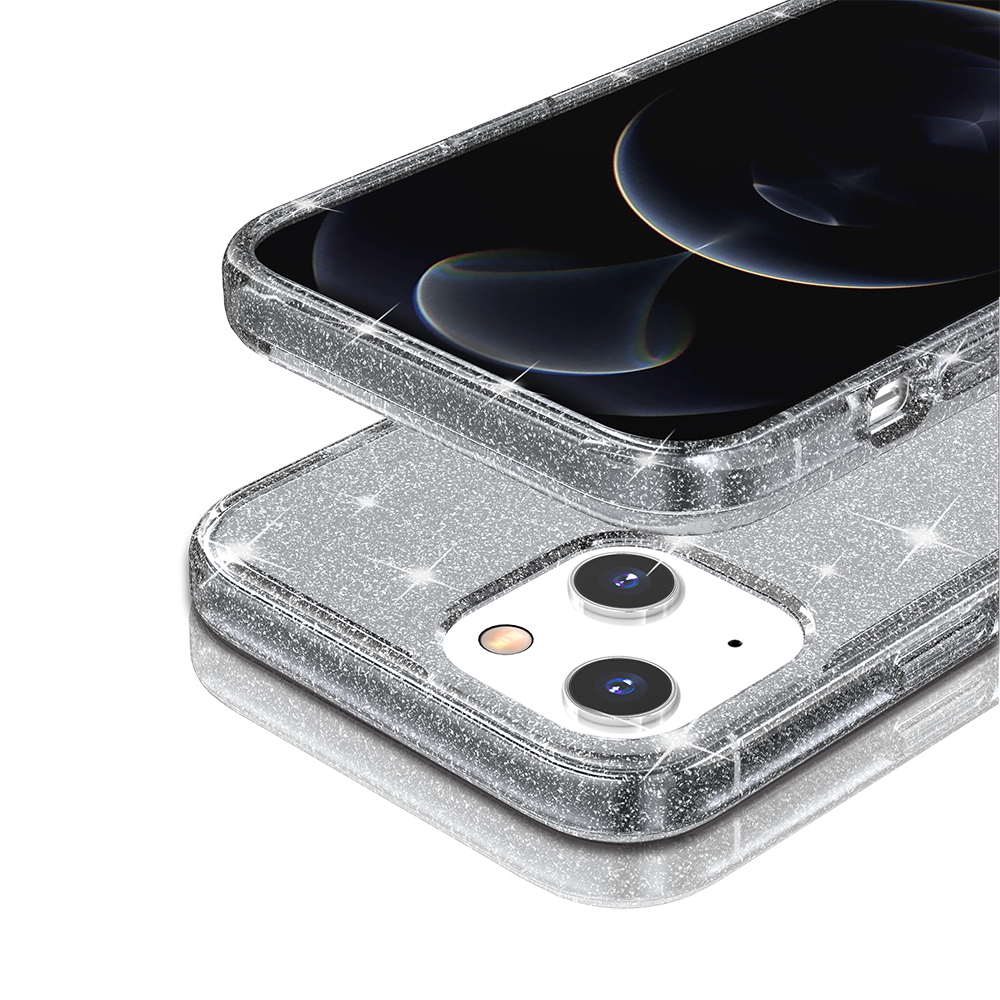 For iPhone 14 Pro Max (6.7") Transparent Glitter Shiny Sparkle Bling TPU Rubber Hard Back Hybrid Frame Shockproof Case Cover Clear