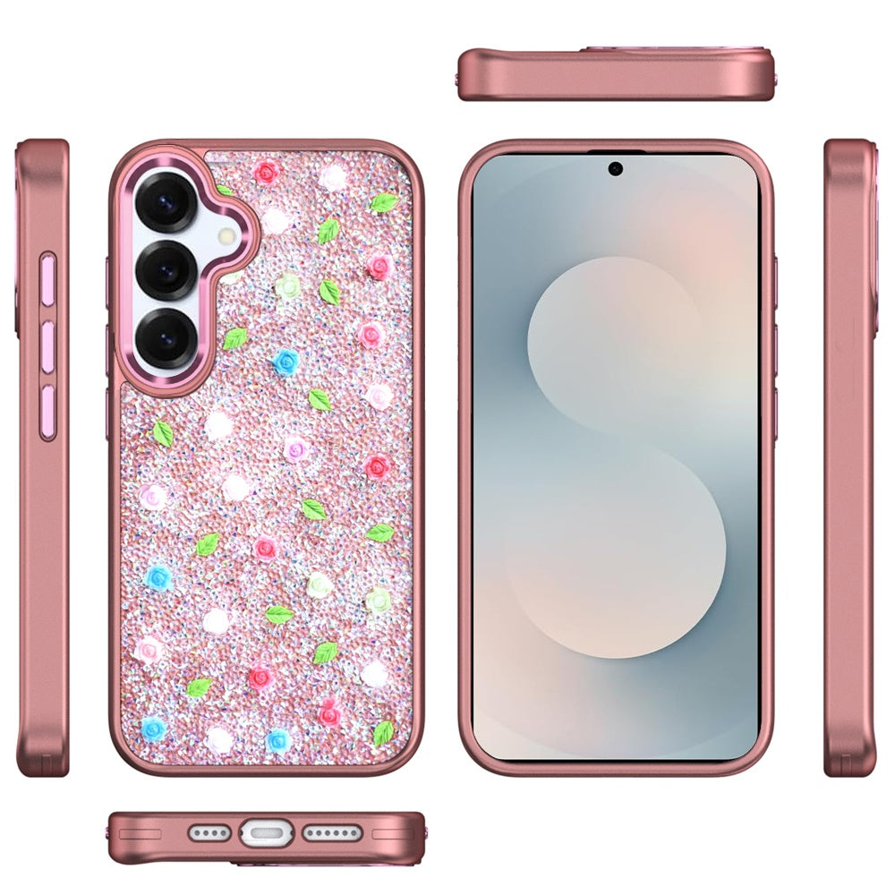 For Samsung Galaxy S26 Floral Design Embedded Glass Diamond Fancy Fashion Glitter Bling Sparkly Hybrid Rugged TPU Bumper Case Cover