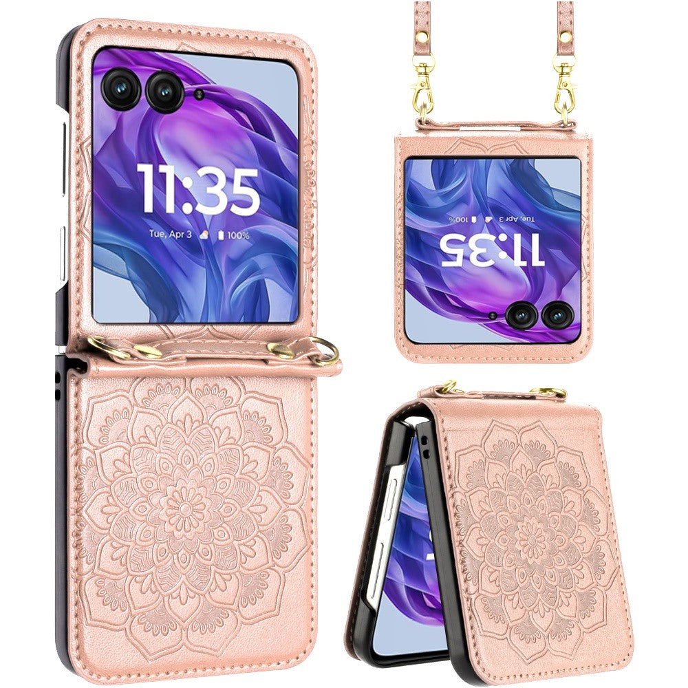 For Motorola Razr+ PLUS (2025 /2024) Embossed Floral PU Leather Henna Mandala Design Flip Cover with Strap, Hybrid Protective Case Cover