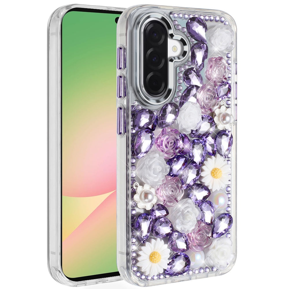 For Samsung Galaxy A57 3D Diamond Floral Roses Flower Bling Stone Hybrid, Sparkly Rhinestone Gemstone Back Shockproof Case Cover