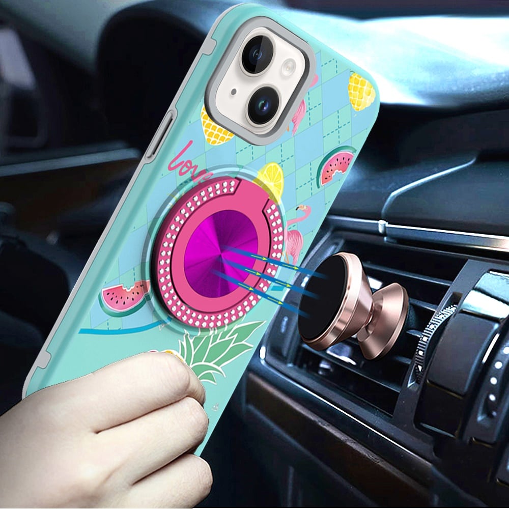 For iPhone 14/13 (6.1") Pattern Design Hybrid with Invisible Ring Stand & Magnetic Back, Shockproof Protective Grip Case Cover