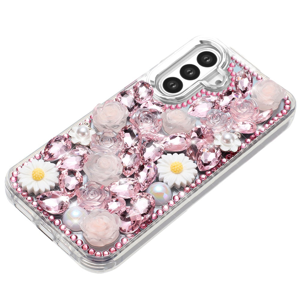 For Samsung Galaxy A36 Fashion Daisy Floral Series, Full 3D Bling Crystal Diamonds Sparkling Rhinestone Glitter Hybrid Design Case Cover Pink
