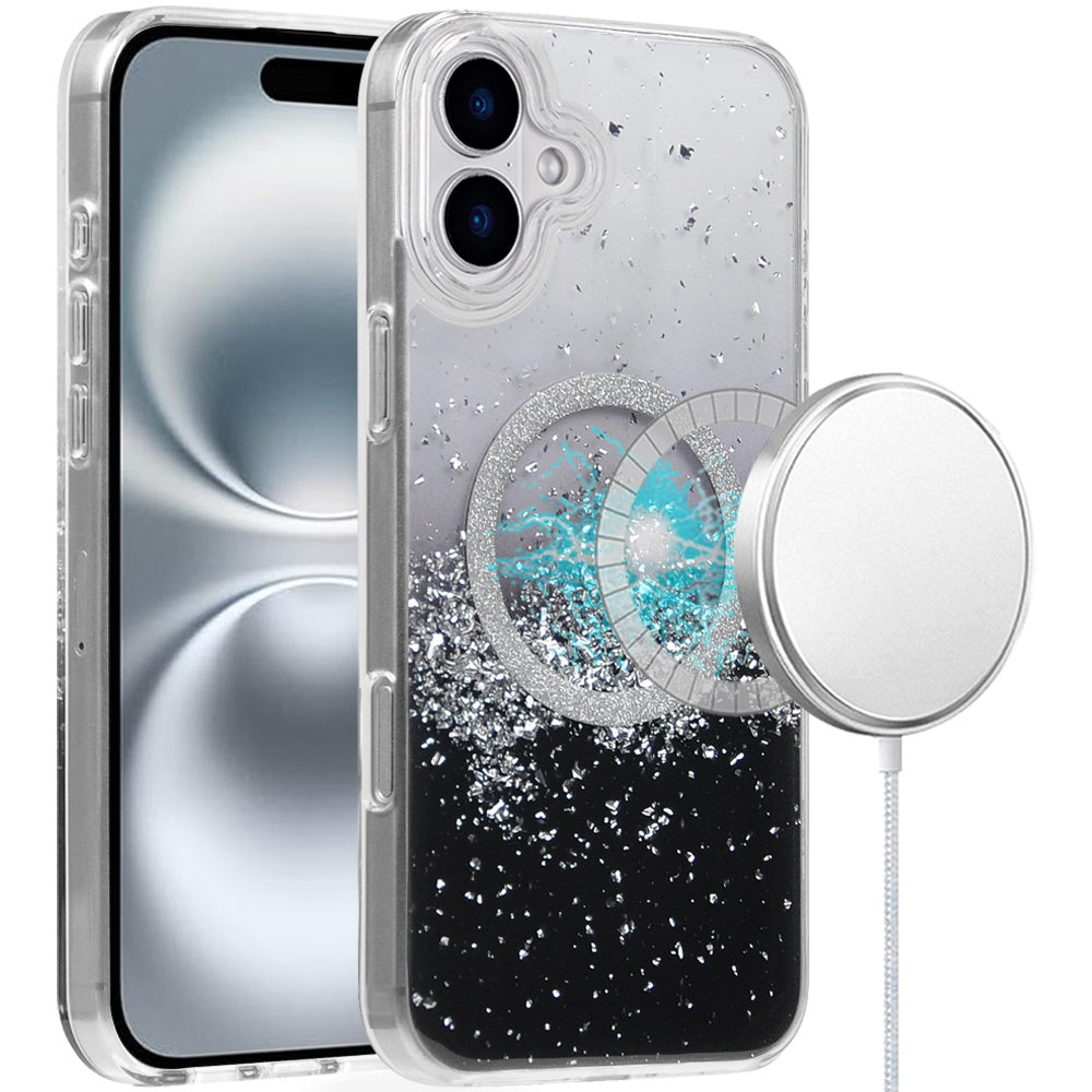 For Apple iPhone 16 (6.1") Premium Transparent Epoxy Glitter Bling Magnetic Circle Compatible with MagSafe Hybrid Sparkle Slim TPU Case Cover