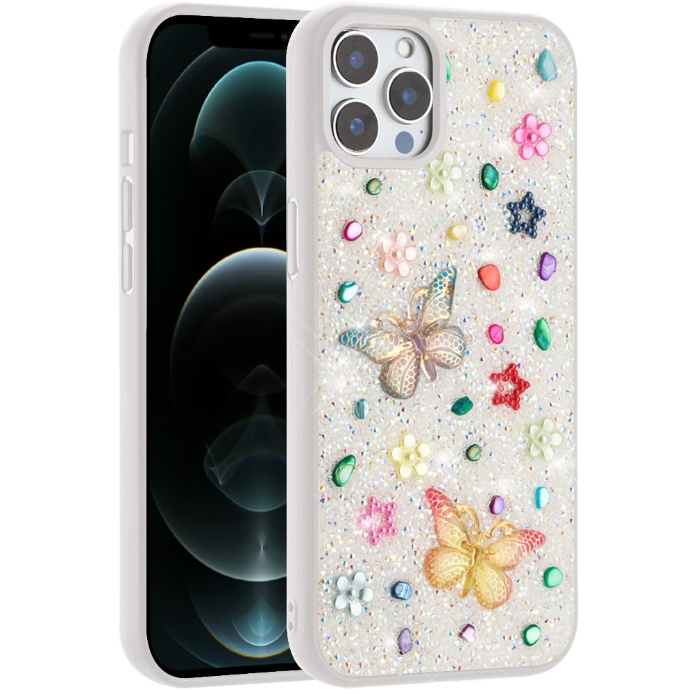 For Apple iPhone 12 Pro Max Diamond Butterfly 3D Glitter Bling Design, Slim Hybrid Sparkle Protective Cover TPU for Women Girls Case Cover Teal
