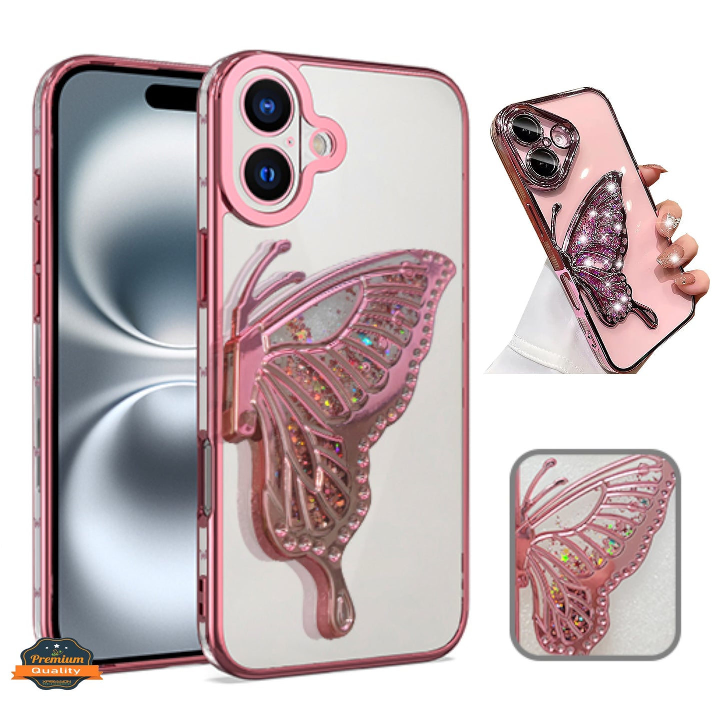 For Apple iPhone 16 (6.1") Glitter 3D Butterfly Bling Luxury Electroplate Chrome Sparkle Liquid Flowing Plating Bumper Case Cover