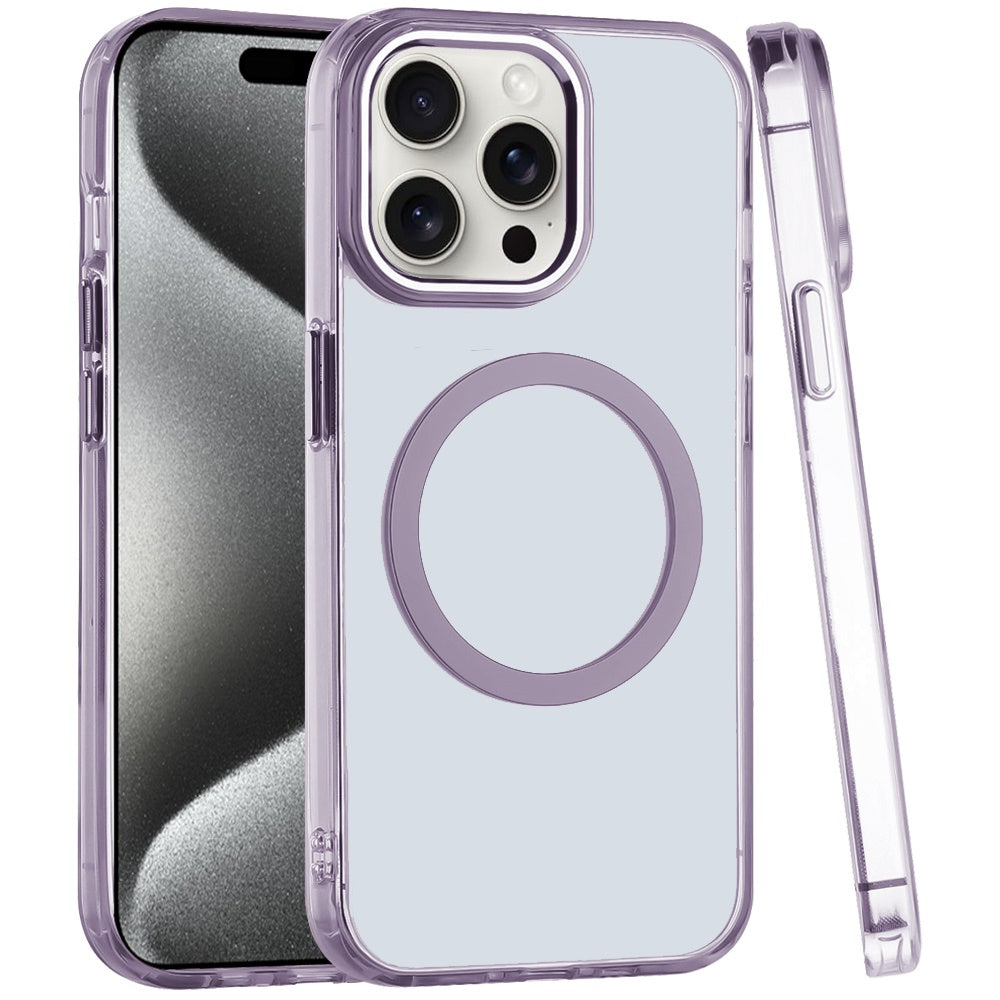 For Apple iPhone 16 (6.1") Transparent Back Hybrid Case - Magnetic Circle, Color Frame, Metal Buttons, MagSafe Compatible Case Cover Light Purple