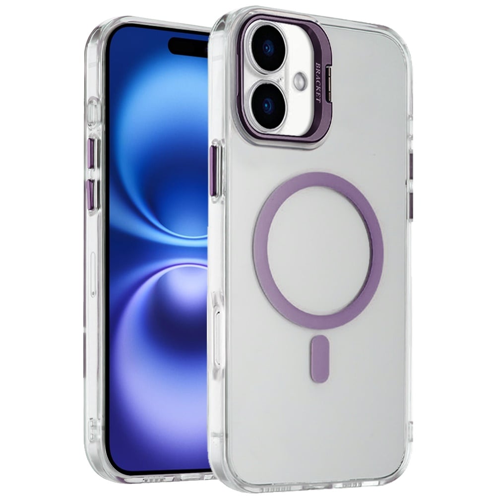 For Apple iPhone 17 (6.3") Magnetic Back MagSafe Compatible Transparent Hybrid Drop Protection with Metallic Camera Stand Case Cover