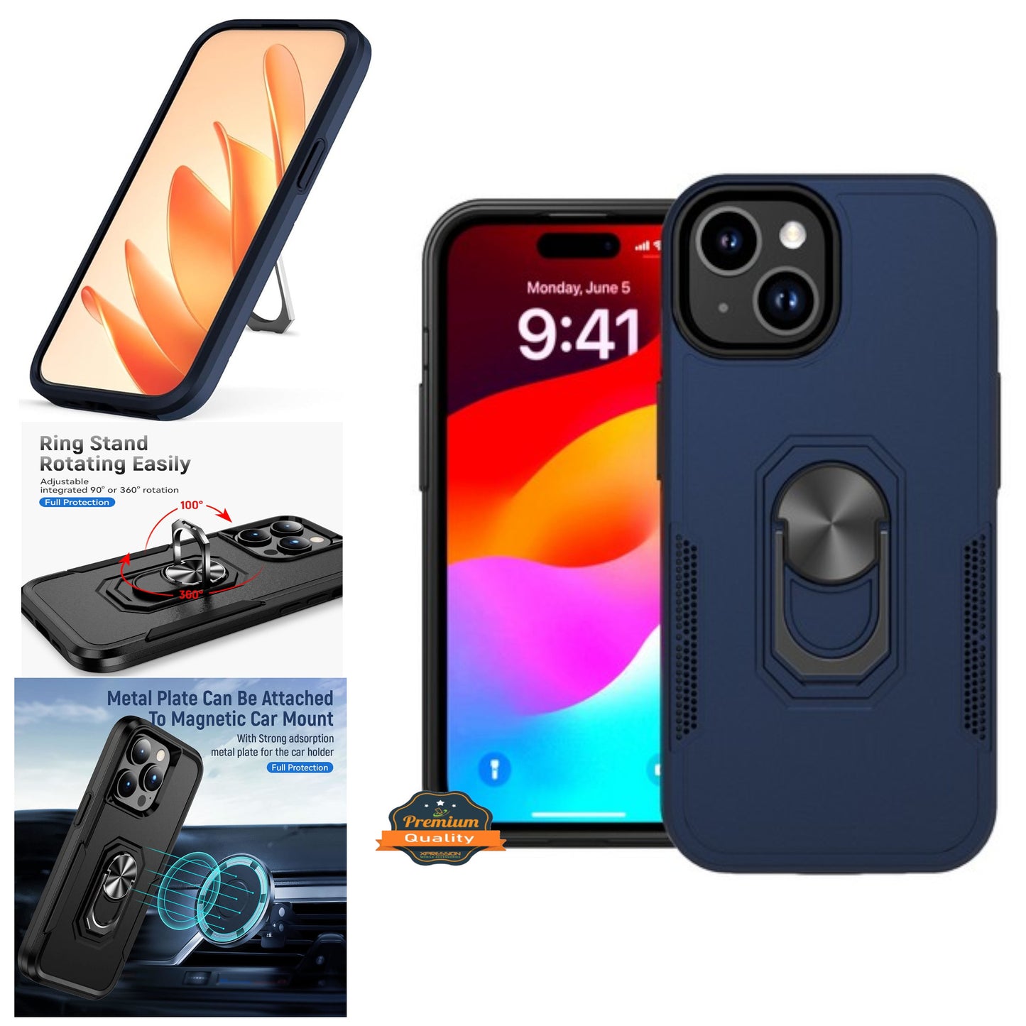 For Apple iPhone 15 Pro (6.1") Military Grade Armor Heavy Shockproof Hybrid Kickstand Built-in 360°Rotate Ring Stand Phone Case Cover