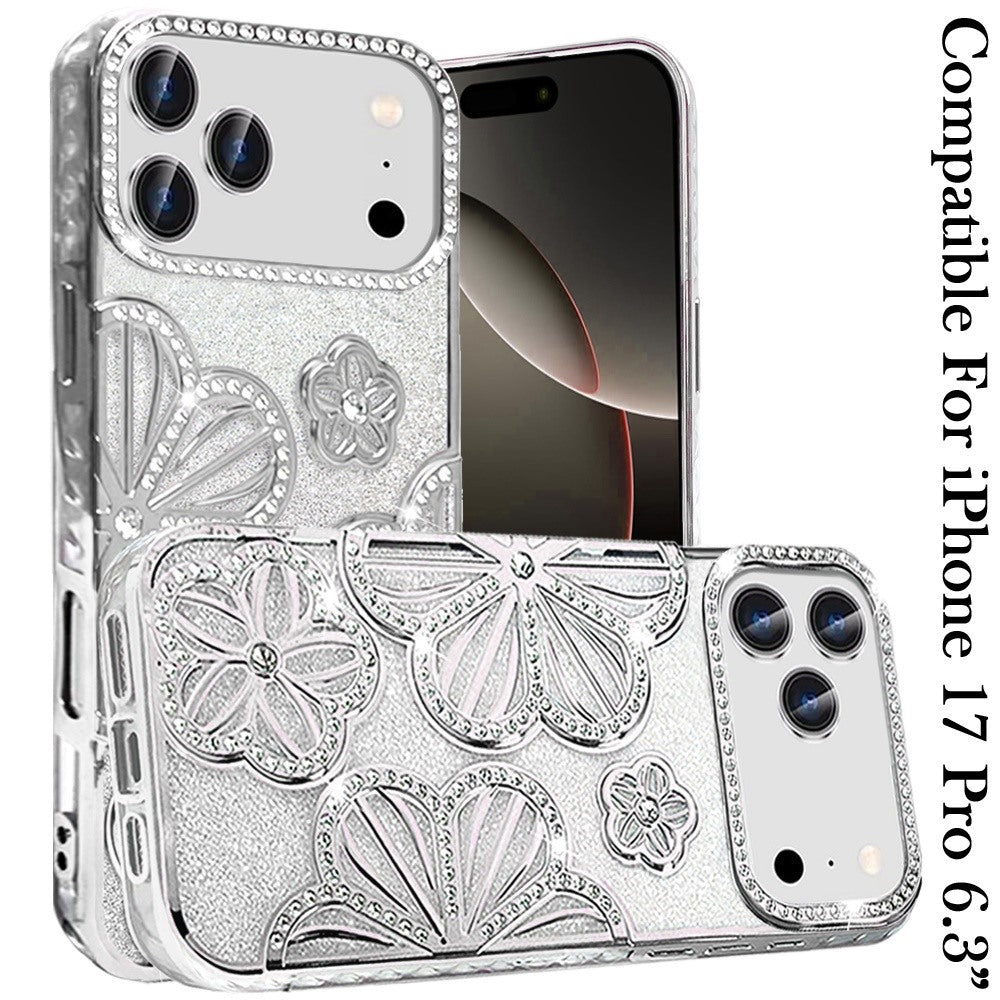 For Apple iPhone 17 Pro (6.3") Luxury Flower Design Sparkle Glitter Diamond Rhinestone Shimmer Bling Plating Thick TPU Hard PC Case Cover