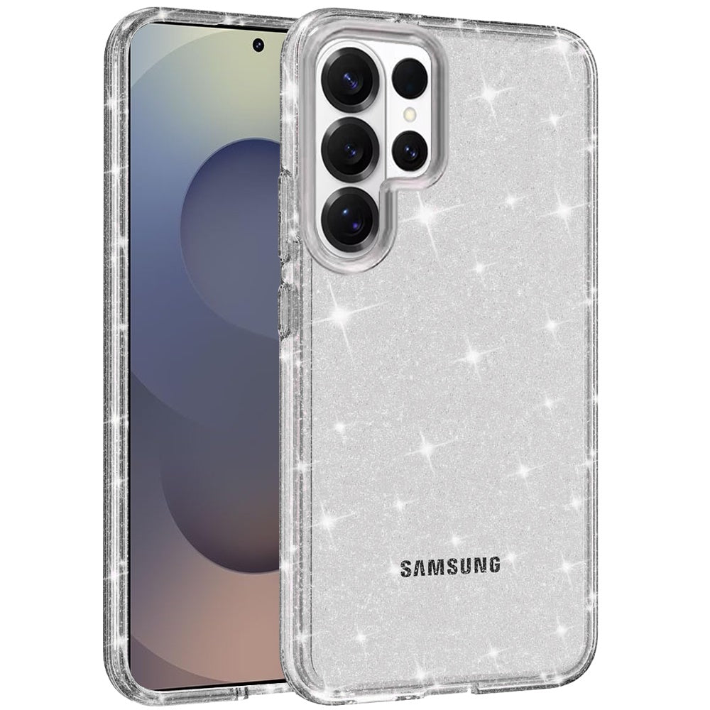 For Samsung Galaxy S26 Ultra Transparent Glitter Shiny Sparkle Bling TPU Rubber Hard Back Hybrid Frame Shockproof Case Cover