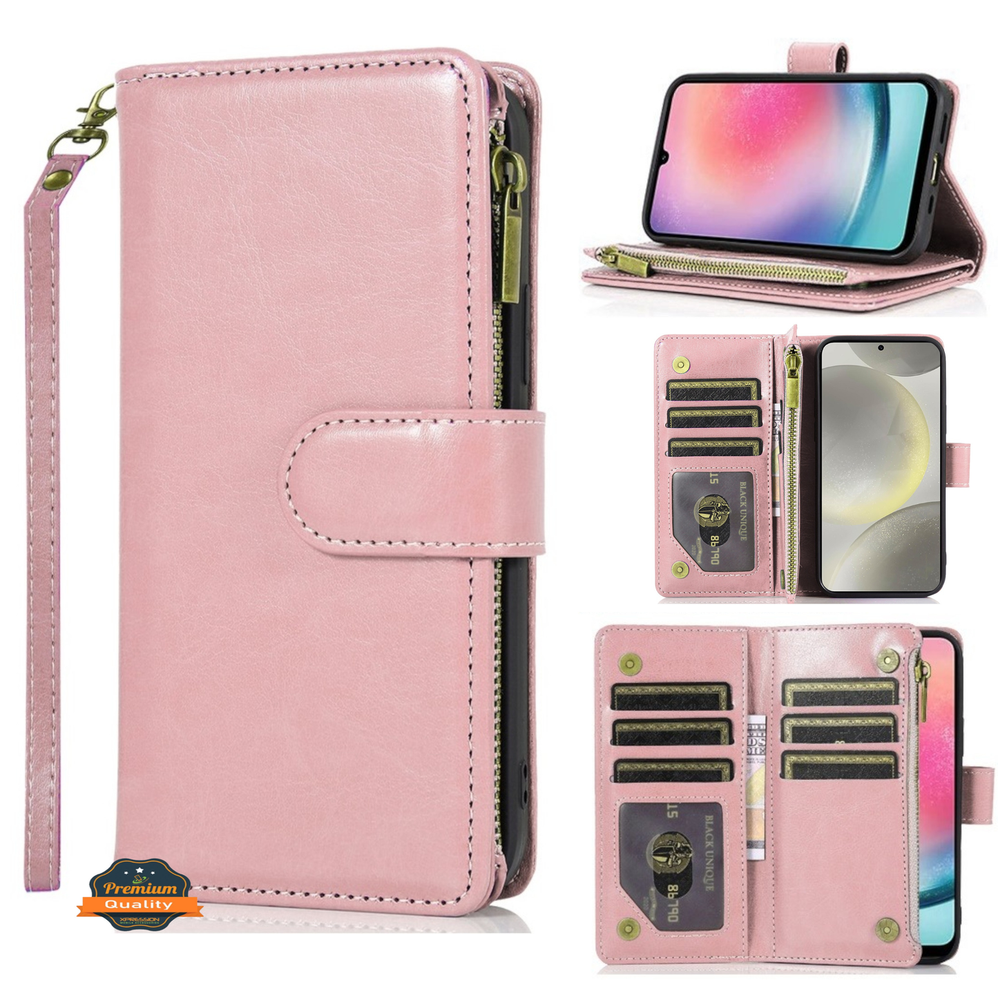 Phone Case for Samsung Galaxy S25 FE, S25 Fan Edition Luxury Leather Wallet Card Holder Zipper Pocket Money Storage Protective Grip Design with Strap Cover