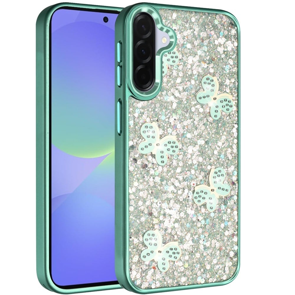 For Samsung Galaxy A36 Cute Butterfly Crystal Diamond Glitter Case Sparkle Bling Frame Metallic Edges, Shimmer TPU Hybrid Case Cover