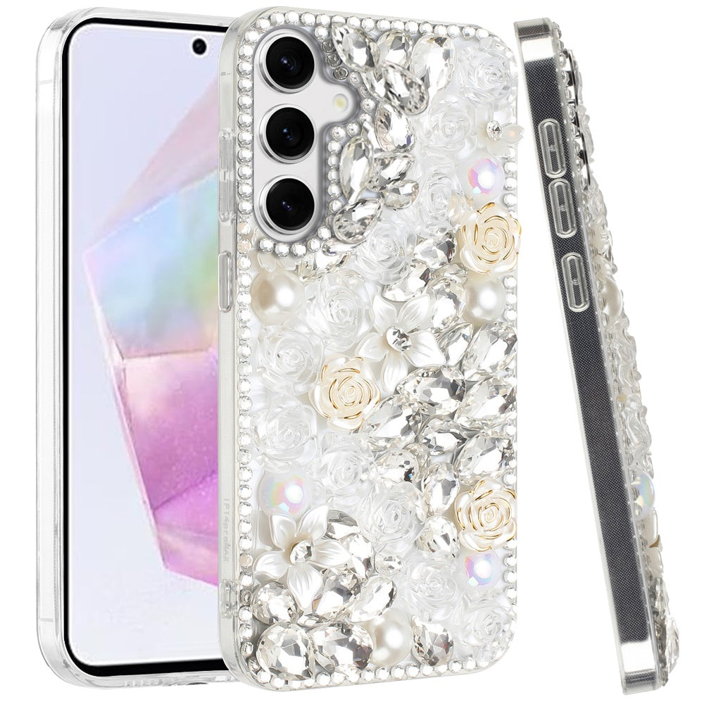 For Samsung Galaxy A36 Fashion Rose Flower Floral Bling Crystal 3D Full Diamonds Pearl Sparkle Rhinestone Glitter Hybrid Case Cover