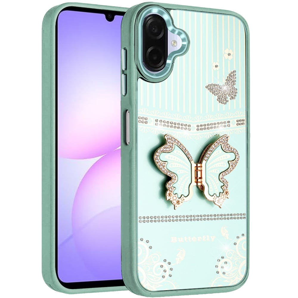 For Samsung Galaxy A07 Glitter 3D Butterfly Design Bling Metallic Edge Hybrid Stand Drop Protection TPU Shockproof Case Cover