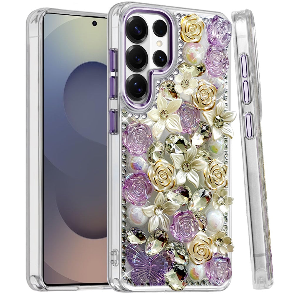 For Samsung Galaxy S25 Ultra 3D Diamond Floral Roses Flower Bling Stone Hybrid, Sparkly Rhinestone Gemstone Back Shockproof Case Cover