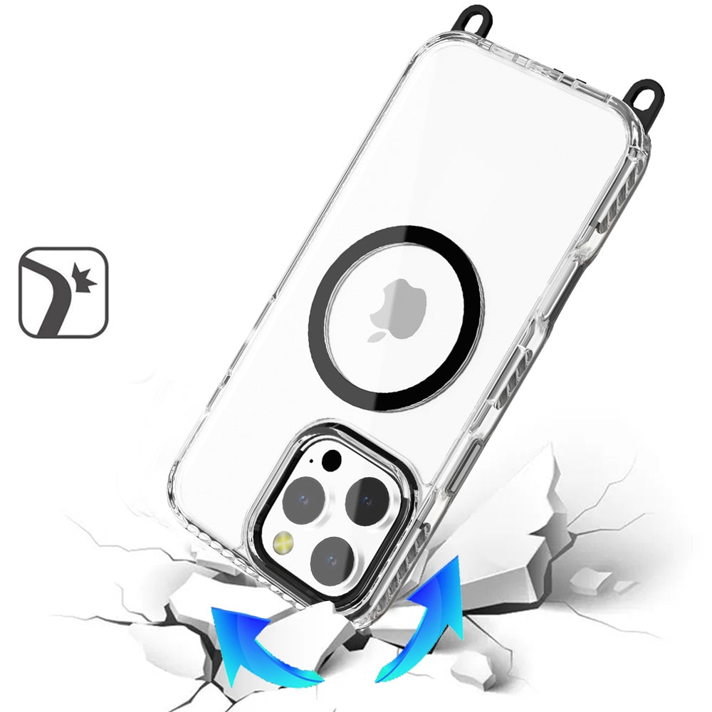 For Apple iPhone 11 Pro Max Clear Magnetic Frame PC Back Shockproof Protective Case with Detachable Lanyard Strap, Compatible with MagSafe Case Cover Black