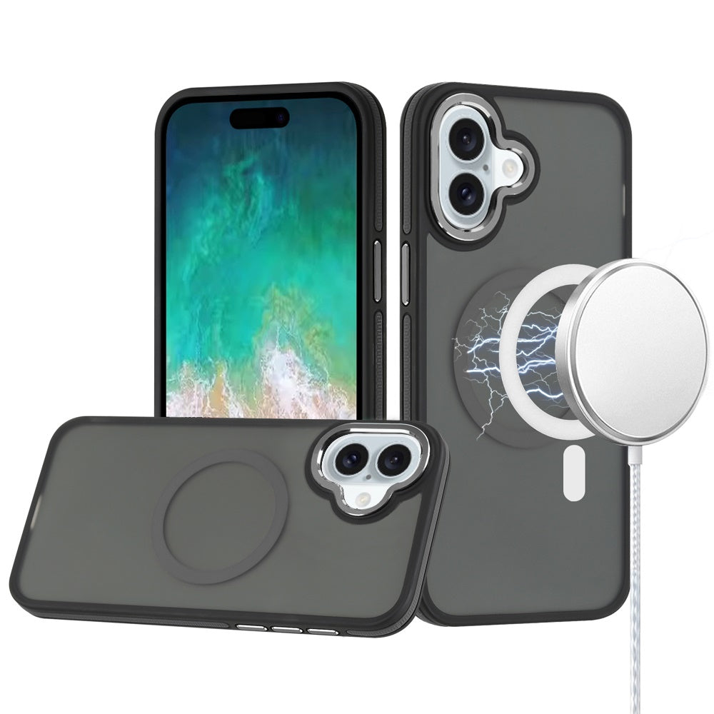 For Apple iPhone 17E /16E Frosted Translucent Back Hybrid Case with Magnetic Circle; MagSafe Compatible, Military Grade Shockproof, Slim Design Case Cover Black