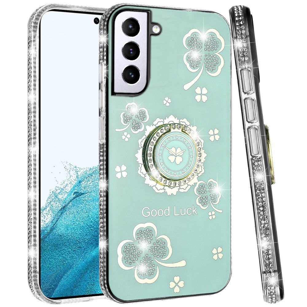 For Samsung Galaxy S22 Diamonds Bling All Around Edges Sparkly Glitter Hybrid with Ring Stand Holder Fashion Good Luck Case Cover