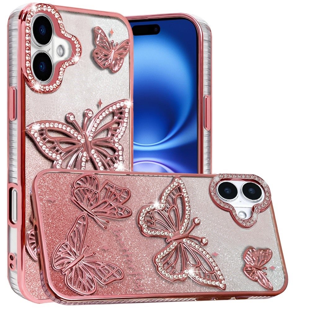For Apple iPhone 17 (6.3") Luxury Butterfly Sparkle Glitter Diamond Crystal Rhinestone Shimmer Bling Plating Thick TPU Hard PC Case Cover