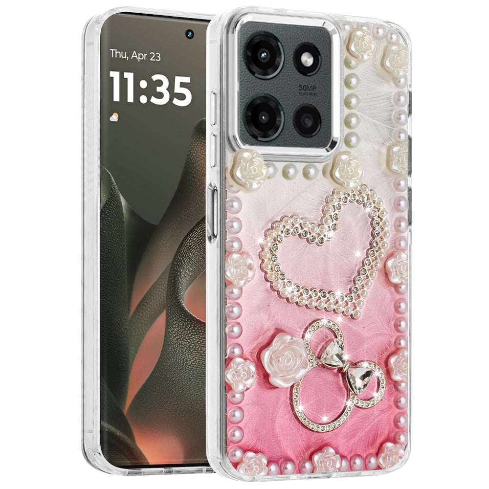 For Motorola Moto G 5G 2025 Bling Fashion Design with 3D Pearls Epoxy Glitter Ornaments Chrome Edge Hard Slim PC Case Cover